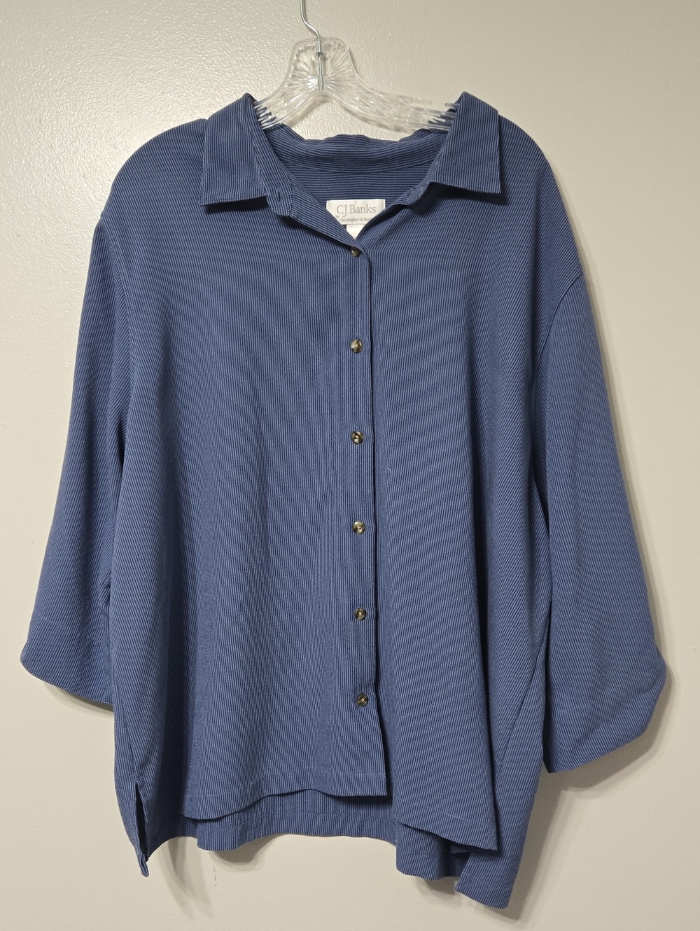 CJ Banks Dusty Blue Button-Front Ribbed Knit Shirt